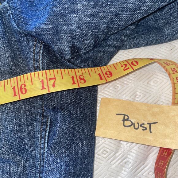 E by ECI Tailored Jacket Blue Denim Embroidered Floral Collared Snaps Read Size - Picture 5 of 11